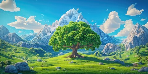 A solitary tree in a valley framed by majestic mountain peaks, showcasing the beauty of nature in a serene landscape