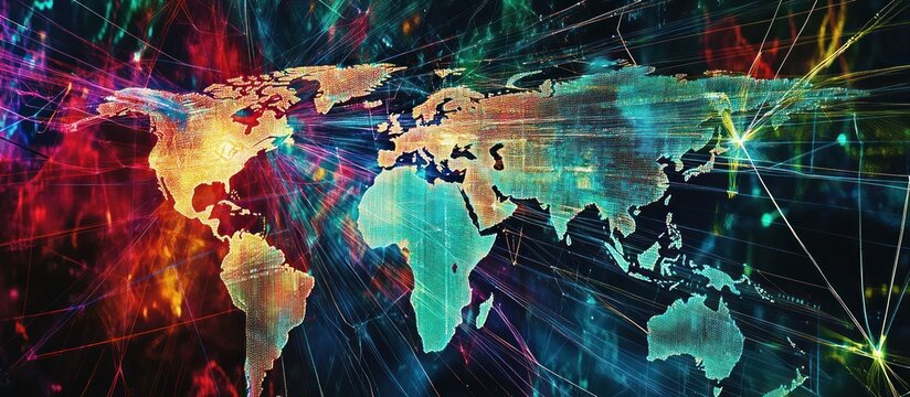 A world map with vibrant, colorful light trails connecting continents, representing the interconnectedness of global communication, travel, and trade.