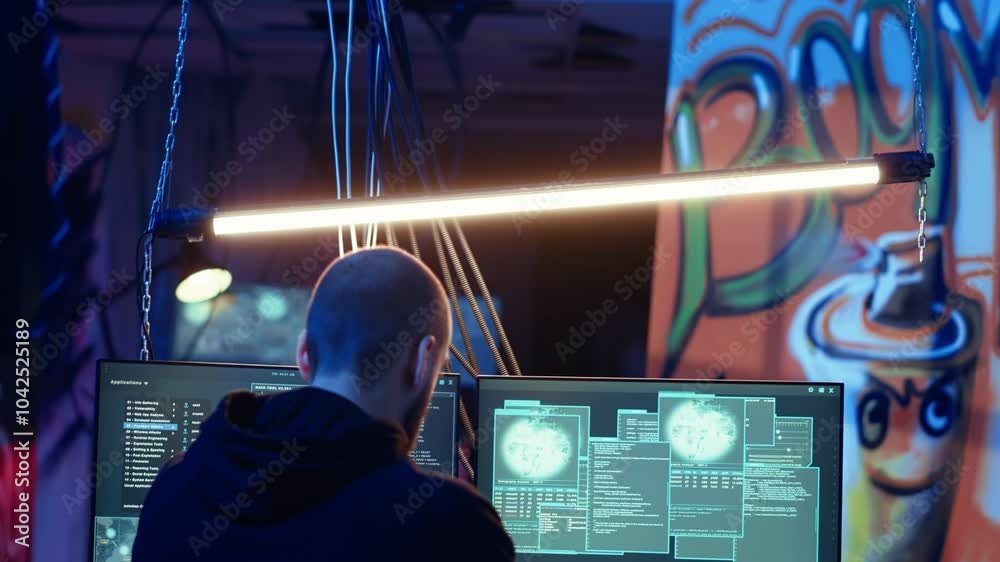 Poster hacker in hidden shelter listening music while launching ddos attacks on websites, crashing them by 