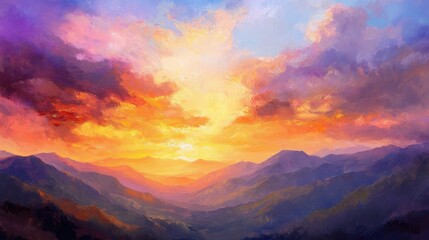 Obraz premium Oil painting depicting a serene sunrise in the mountains showcasing a colorful sky with clouds during the early hours of the day
