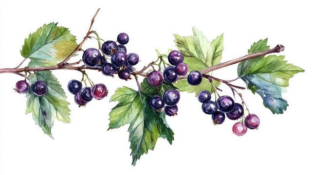 Black currant branch with leaves Watercolor illustration Isolated on a white background Food ingredient culinary use natural remedy Suitable for tea packaging design and wrapping paper