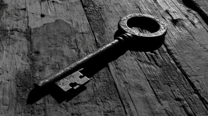 An Old Key Resting on a Weathered Wooden Surface