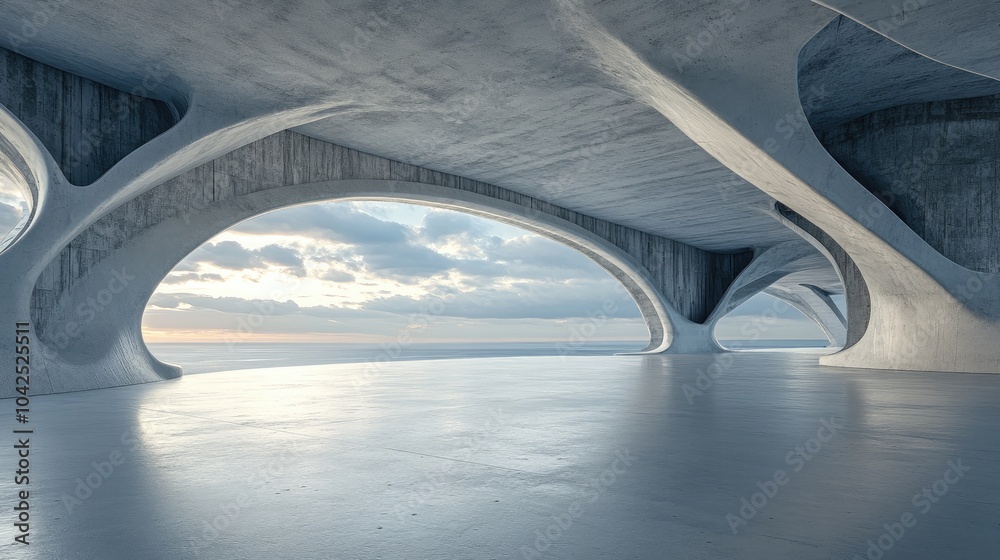 Poster futuristic 3d rendering of abstract architecture featuring an empty concrete floor designed for vehi