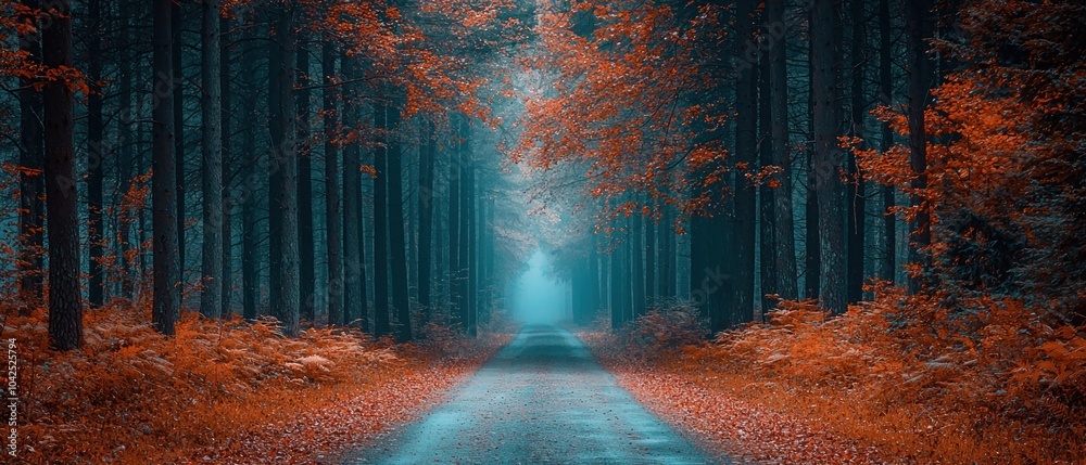 Poster a mystical forest path leading through fog and fall foliage