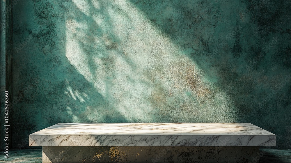 Poster 3d rendering of an empty marble table in the foreground and cement stone in the background featuring