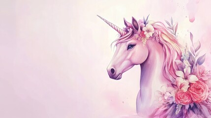 Elegant unicorn adorned with a floral wreath on a clean background Watercolor fantasy artwork