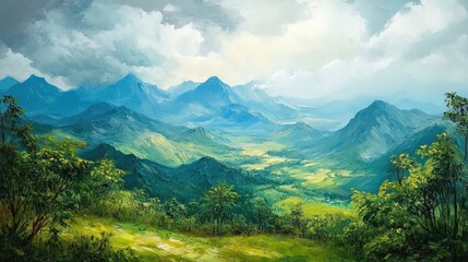 Obraz premium Oil painting depicting lush green mountains amidst a serene landscape