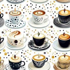 A vibrant seamless pattern featuring various coffee cups, each adorned with unique designs, showcasing a playful coffee theme.