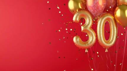30th anniversary celebration 2D cartoon illustration featuring shiny gold foil number 30 and metallic balloons on a vibrant red background Cheerful design for milestone greetings