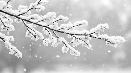 Snow-Covered Branch Against a Blurred Winter Background