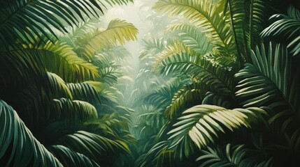 Oil painting depicting lush green leaves in a tropical forest serving as a concept for nature themed illustrations
