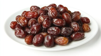 Obraz premium Dates arranged on a white plate set against a clean white backdrop