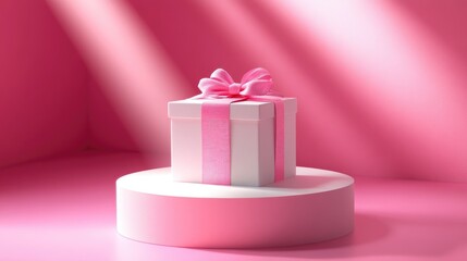 Round pedestal with a spotlight in a minimalist exhibition setting featuring a gift box adorned with a pink ribbon bow set against a pink background in a 3D render