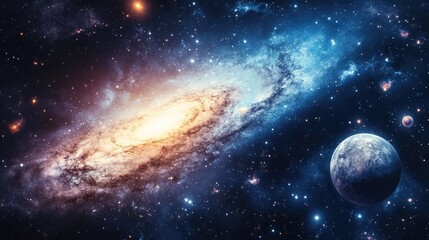 Obraz premium 3D cartoon rendering featuring a cosmic backdrop with vibrant nebulae bright stars and stardust including the Milky Way and various celestial bodies in a night sky setting