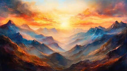 Fototapeta premium Oil painting of a breathtaking sunset over majestic mountain ranges creating a magical atmosphere for summer vacation and showcasing the beauty of nature Perfect for photo wallpaper