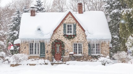 Naklejka premium Charming Snow-Covered House with Holiday Decor