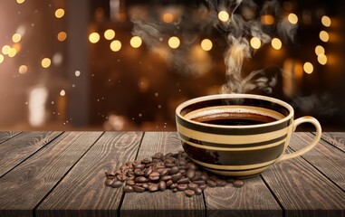 Obraz premium Tasty aroma hot coffee on wood table
