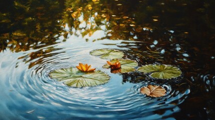 Oil painting depicting lily leaves floating on the surface of a pond