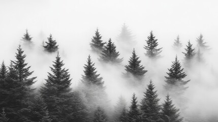 Silhouetted Evergreen Trees in a Misty Forest