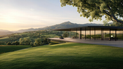 Obraz premium Modern architectural design harmonizing with nature in serene landscape