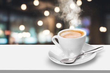 Obraz premium Tasty aroma hot coffee on wood table