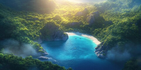 Aerial view of a picturesque beach surrounded by turquoise waters and lush greenery, Aerial view of a beautiful beach with clear blue water and vibrant greenery
