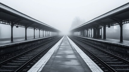 Obraz premium Train Tracks Disappearing into Fog at a Desolate Station