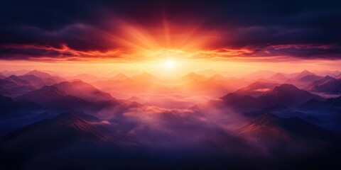 Fototapeta premium Stunning sunrise over majestic mountains with sunlight filtering through fog, Breathtaking sunrise over beautiful mountains with sunlight shining through mist