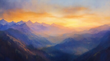 Obraz premium Oil painting of a sunset over majestic mountains featuring soothing natural colors and rich textures that capture the beauty of mountain ranges Scenic and serene landscape art