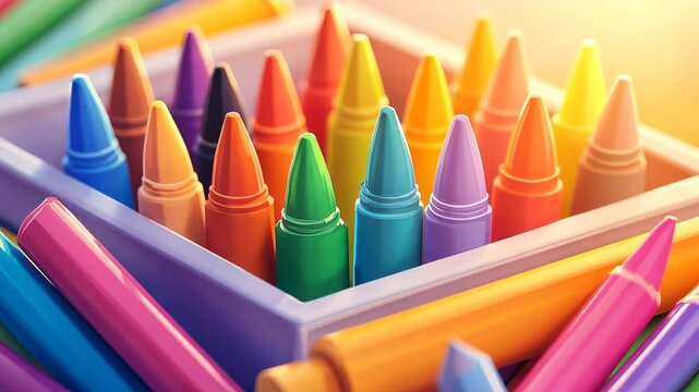 A vibrant collection of colorful crayons arranged neatly in a box, ideal for arts