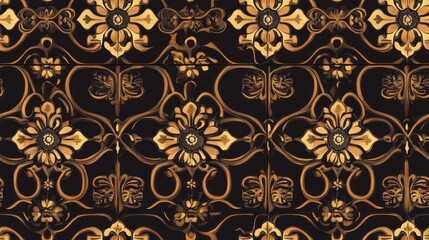 Golden pattern featuring neutral brown and yellow tones with golden elements Classic vintage background with traditional oriental ornamentation Seamless classic raster golden design