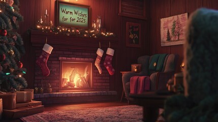 Cozy Christmas Card with Glowing Fireplace Scene