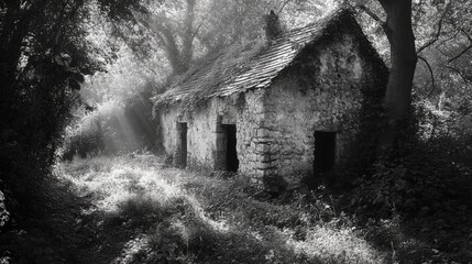 Sunbeams illuminating an abandoned stone house in a misty forest