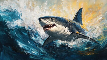 Naklejka premium Oil painting of a powerful great white shark capturing its majestic presence in a vivid artistic style