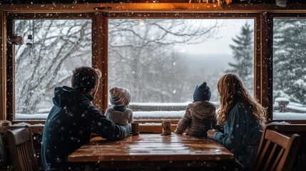 Fototapeta premium Family Cozy Inside Cabin Watching Snowfall