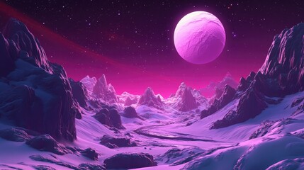 Fototapeta premium Science fiction illustration featuring a 3D cartoon rendering of an alien planet landscape with a stunning spatial backdrop