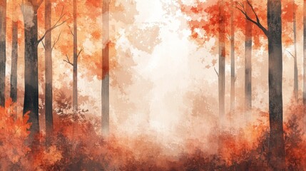 Obraz premium A serene autumn forest scene filled with mist and vibrant orange foliage.