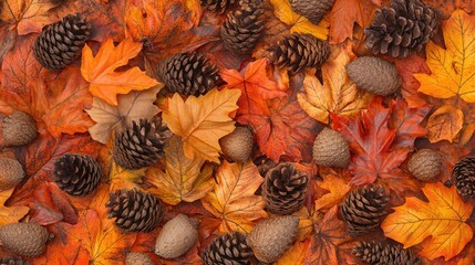 Fototapeta premium Autumn Leaves and Pinecones on the Ground