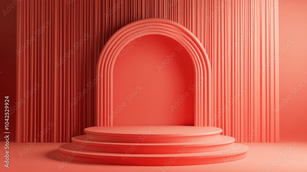 Poster red geometric podium background design with minimalistic 3d rendering