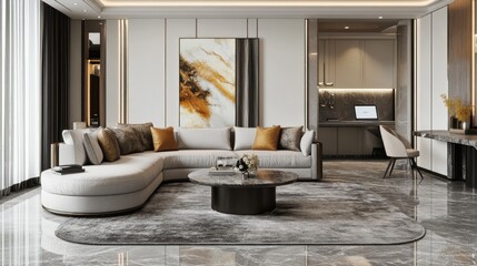 Luxury studio apartment interior design featuring a cozy sofa set atop a grey rug complemented by white walls and grey marble flooring including an office corner with a desk chair and laptop 3D Re