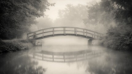 Fototapeta premium A Wooden Bridge Over a Misty River in a Forest