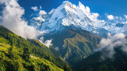 Obraz premium Majestic mountain range showcasing breathtaking peaks and lush landscapes