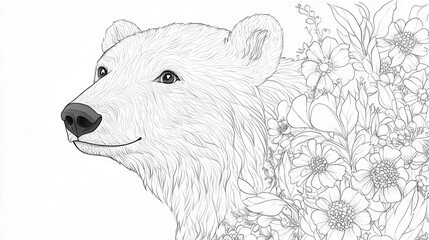 Floral polar bear design for an adult coloring book page featuring whimsical animal and botanical motifs