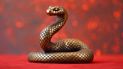 Fototapeta premium Bronze snake figurine on a red background. The symbol of 2025. Happy Chinese New Year.