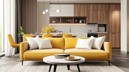 Contemporary studio apartment interior featuring a fabric sofa with white pillows a round coffee table a dining area with a table and yellow chairs and a kitchen counter with cabinetry 3D render