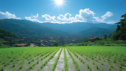 A scenic view of a rice paddy field with rows of young rice plants growing in the water, surrounded by a small village in a valley with mountains in the background.
