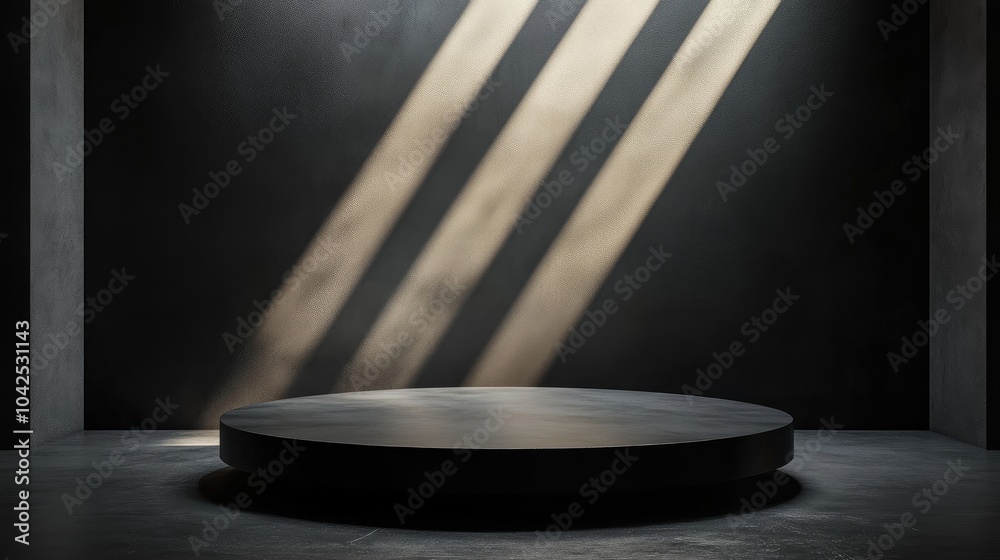 Poster 3d rendering of a black abstract table stage featuring light beams and shadows designed for product 