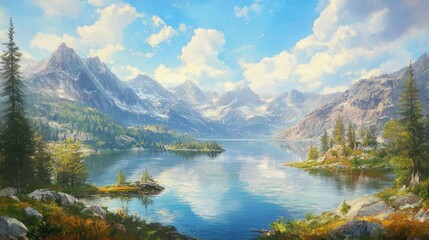 Obraz premium Oil painting depicting a stunning lake view capturing the essence of travel and nature with breathtaking scenery that inspires exploration and appreciation for the outdoors