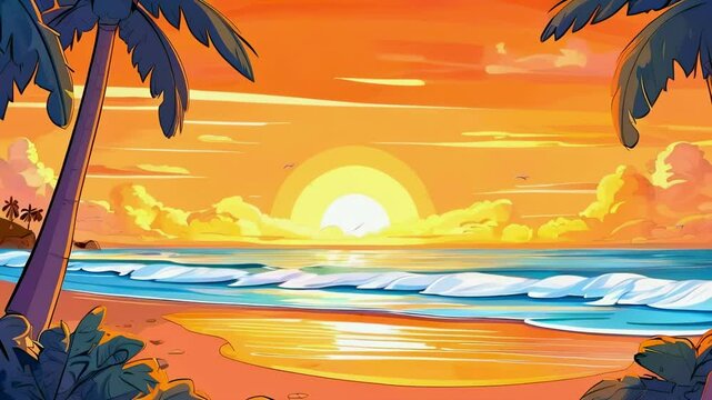 Cartoon Beach View with Orange Sky at Sunset