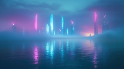 A futuristic city rises majestically from the dark ocean, illuminated by vibrant blues and pinks. Organic towers pierce the fog, casting reflections on the shimmering water beneath the night sky.